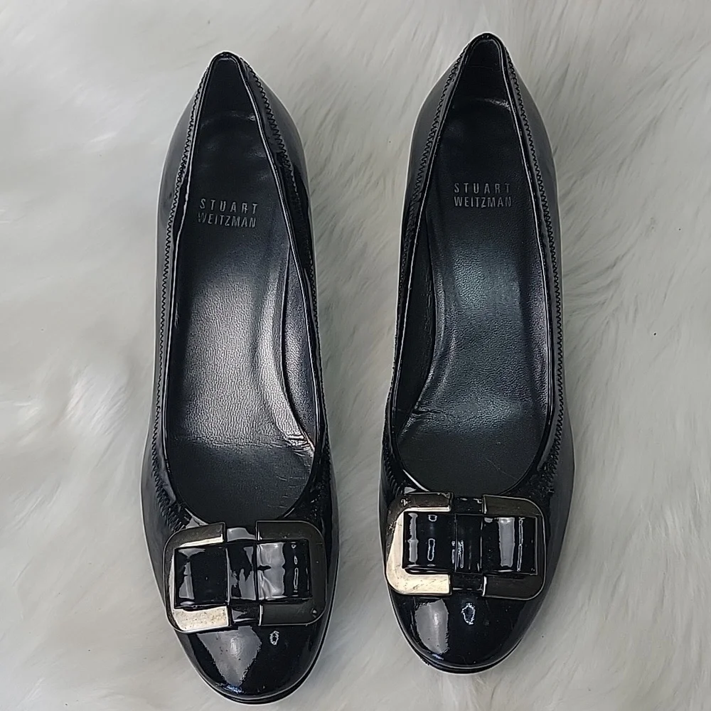 STUART WEITZMAN Madam Bow Black Patent Metal‎ Bow Wedge Party Office Heels 8.5N - Picture 2 of 12